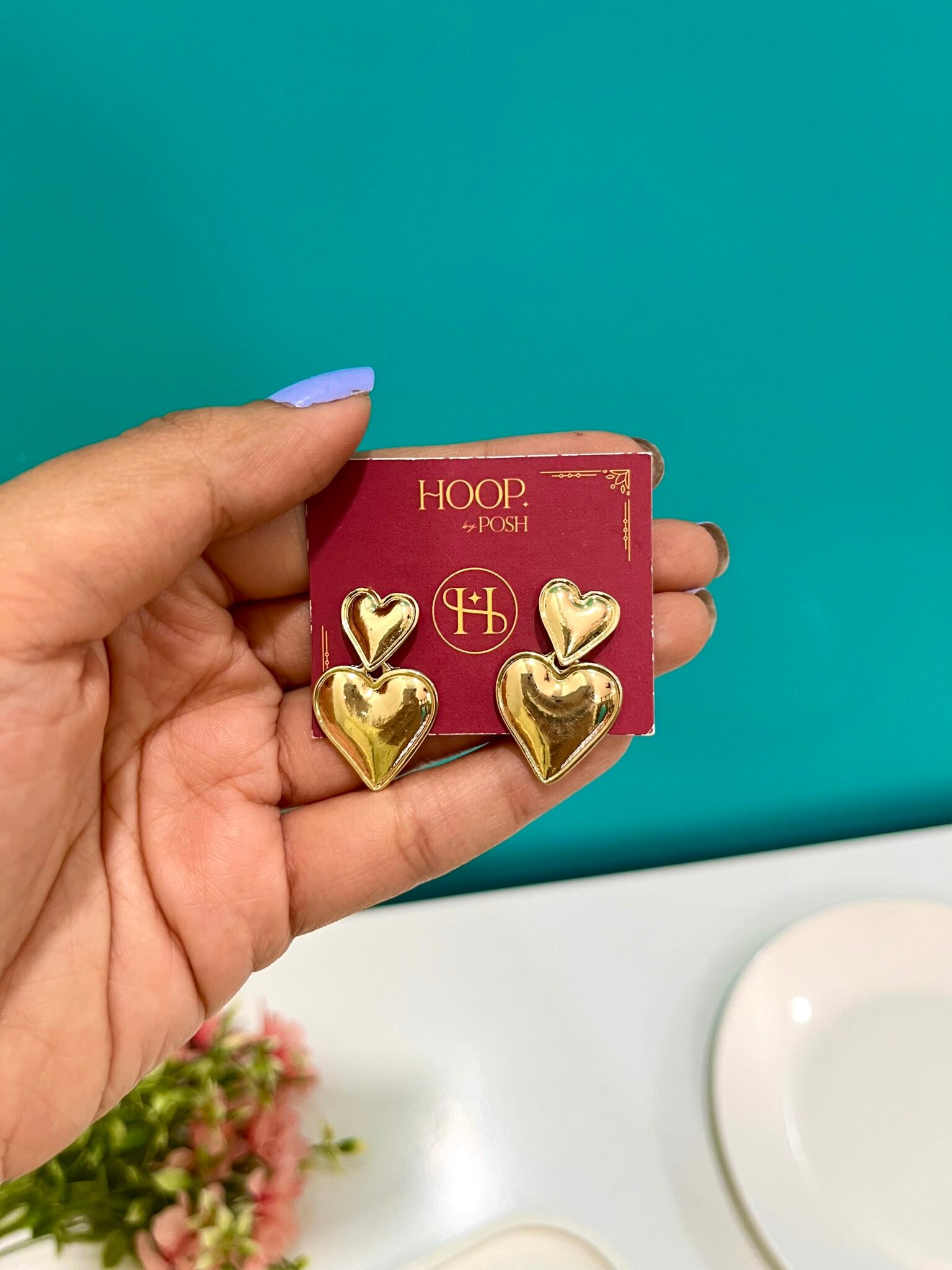 Dual Hearts Gold Plated Earrings - Image 2