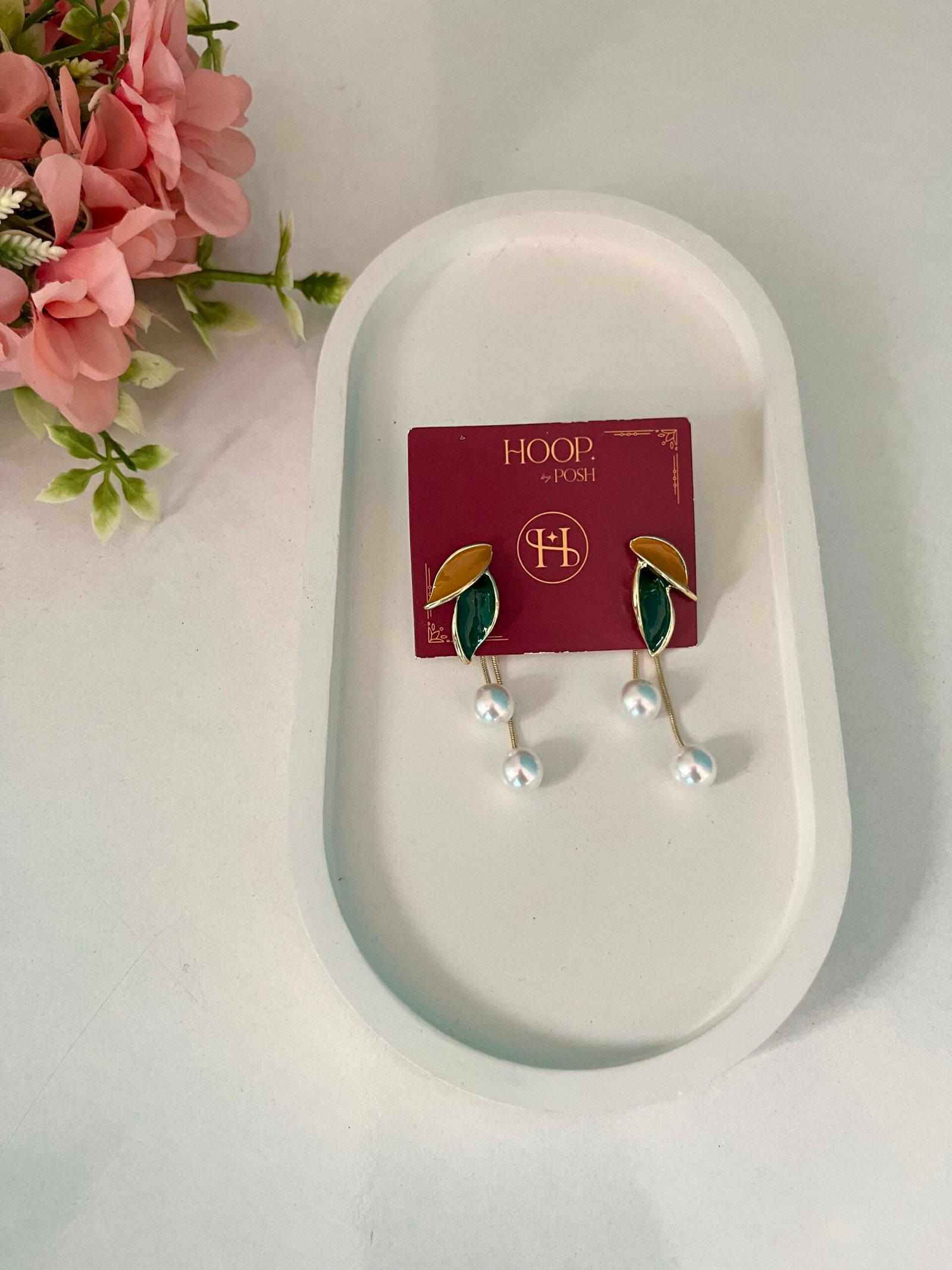 Enamel Dual Leaf Pearl Drop Earrings