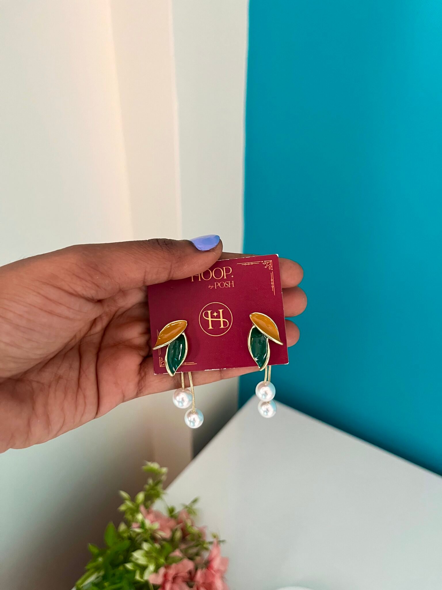 Enamel Dual Leaf Pearl Drop Earrings - Image 2